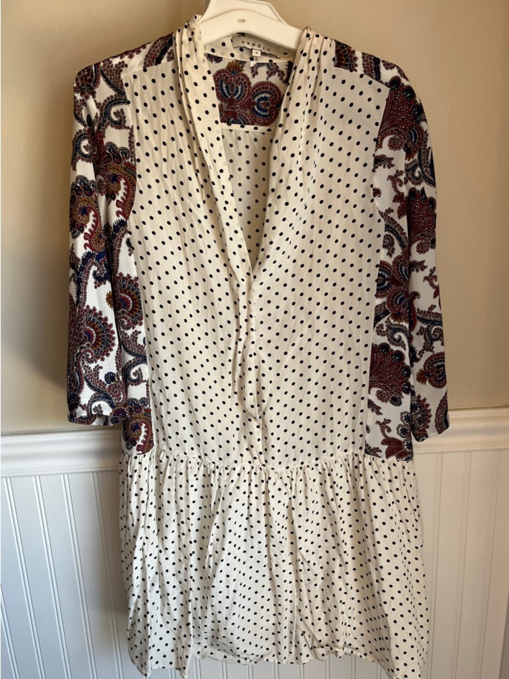 Sandro 100% Silk Mixed Print Polka Dot Paisley Drop Waist Dress - Size 2 / Small